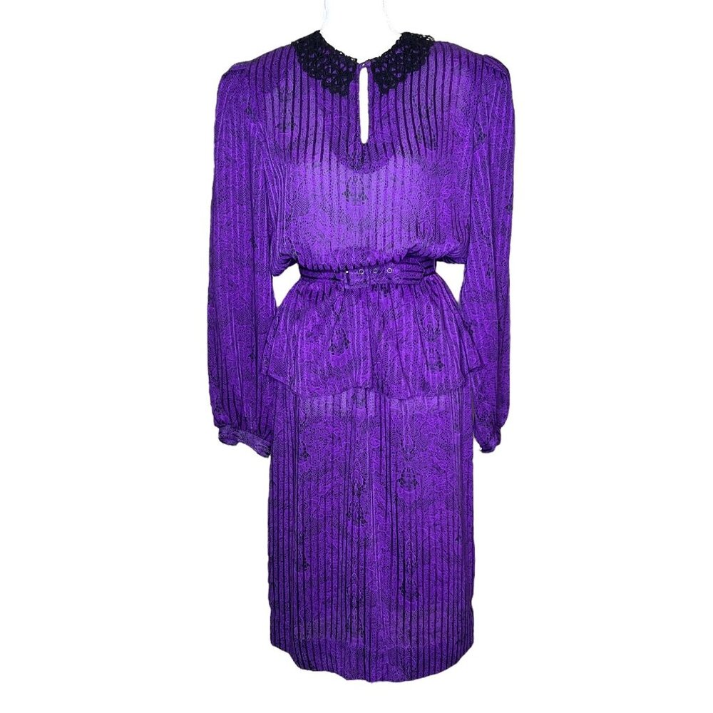 Vintage Jonathan Martin Peplum Dress Sheer Purple Striped Black Lace Midi Medium